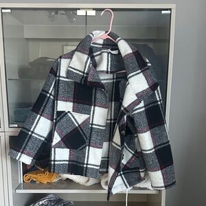 Women's Plaid Pea Coat - Black, White, Red